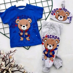 Летен детски комплект в синьо и сиво с шапка Мечето Летен детски комплект в синьо и сиво с шапка Мечето