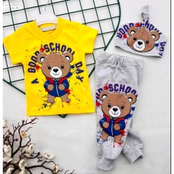 Летен детски комплект в жълто и сиво с шапка Мечето Летен детски комплект в жълто и сиво с шапка Мечето