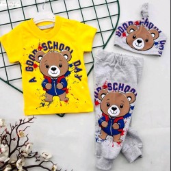 Летен детски комплект в жълто и сиво с шапка Мечето Летен детски комплект в жълто и сиво с шапка Мечето