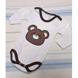 Бебешко памучно боди в бяло и кафяво с мече