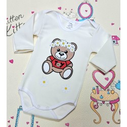 Бебешко памучно боди в бяло с мече и венче