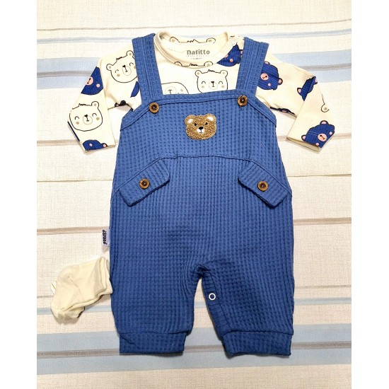 Бебешки комплект с гащеризон,боди и чорапи с мечета в синьо Бебешки комплект с гащеризон,боди и чорапи с мечета в синьо