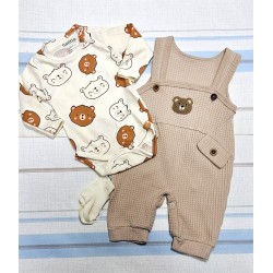 Бебешки комплект с гащеризон,боди и чорапки с мечета в бежово