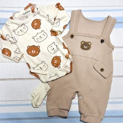 Бебешки комплект с гащеризон,боди и чорапки с мечета в бежово Бебешки комплект с гащеризон,боди и чорапки с мечета в бежово