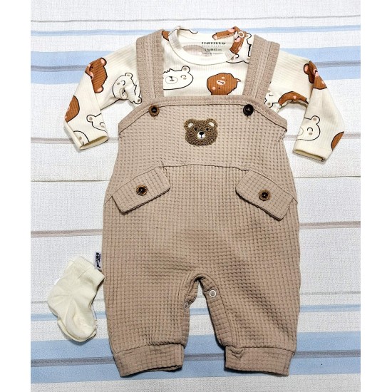 Бебешки комплект с гащеризон,боди и чорапки с мечета в бежово