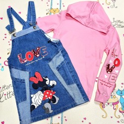 Детски дънков сукман с Мини Маус с розова блуза с качулка Детски дънков сукман с Мини Маус с розова блуза с качулка