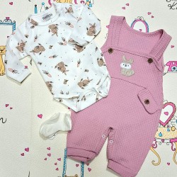 Бебешки комплект с боди,гащеризон и чорапки в розово и бяло