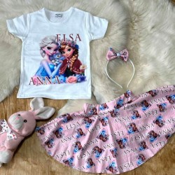 Детски летен комплект с пола,тениска и диадема ,,Елза и Ана