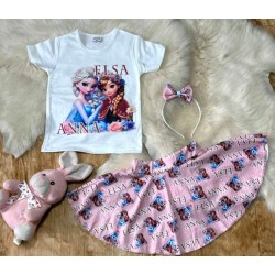 Детски летен комплект с пола,тениска и диадема ,,Елза и Ана Детски летен комплект с пола,тениска и диадема ,,Елза и Ана