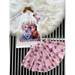Детски летен комплект с пола,тениска и диадема ,,Елза и Ана Детски летен комплект с пола,тениска и диадема ,,Елза и Ана