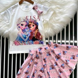 Детски летен комплект с пола,тениска и диадема ,,Елза и Ана Детски летен комплект с пола,тениска и диадема ,,Елза и Ана