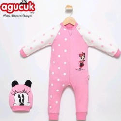 Бебешки гащеризон в розово и бяло на точки с Мини Маус и шапка