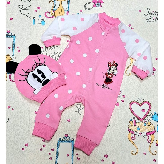Бебешки гащеризон в розово и бяло на точки с Мини Маус и шапка Бебешки гащеризон в розово и бяло на точки с Мини Маус и шапка