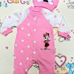 Бебешки гащеризон в розово и бяло на точки с Мини Маус и шапка