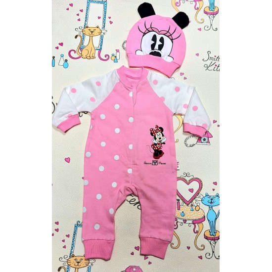Бебешки гащеризон в розово и бяло на точки с Мини Маус и шапка Бебешки гащеризон в розово и бяло на точки с Мини Маус и шапка