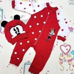Бебешки гащеризон в червено и бяло с Мини Маус и шапка Бебешки гащеризон в червено и бяло с Мини Маус и шапка
