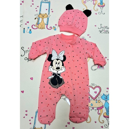 Бебешки гащеризон в цвят корал на точки  Мини Маус