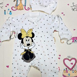 Бебешки гащеризон в бяло и златисто с шапка  Мини Маус