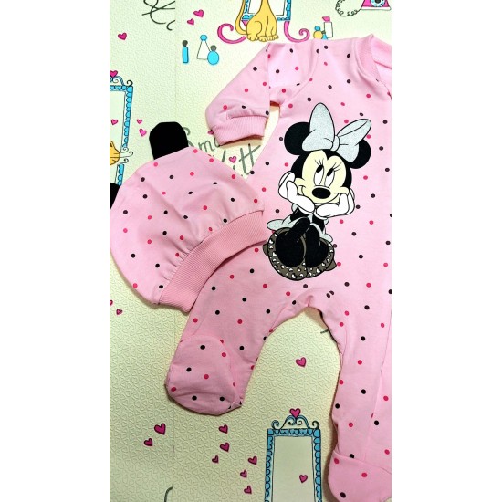 Бебешки гащеризон в розово на точки с шапка Мини Маус Бебешки гащеризон в розово на точки с шапка Мини Маус