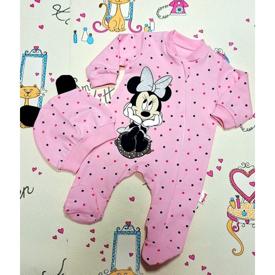 Бебешки гащеризон в розово на точки с шапка Мини Маус Бебешки гащеризон в розово на точки с шапка Мини Маус