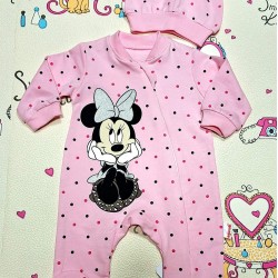 Бебешки гащеризон в розово на точки с шапка  Мини Маус