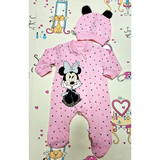Бебешки гащеризон в розово на точки с шапка Мини Маус Бебешки гащеризон в розово на точки с шапка Мини Маус