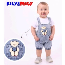 Бебешки летен дънков гащеризон с бяла тениска с играчка мече