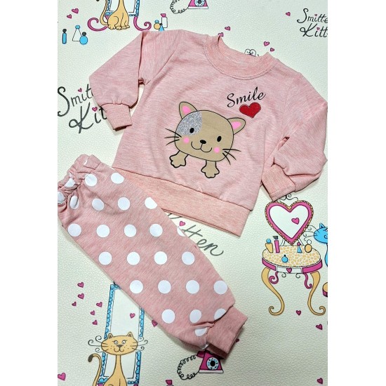 Детски памучен комплект в розово на точки ,,Коте