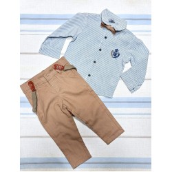 Детски комплект с риза,панталон,тиранти и папионка в синьо и бежово Детски комплект с риза,панталон,тиранти и папионка в синьо и бежово