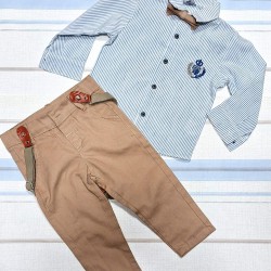 Детски комплект с риза,панталон,тиранти и папионка в синьо и бежово