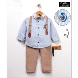 Детски комплект с риза,панталон,тиранти и папионка в синьо и бежово Детски комплект с риза,панталон,тиранти и папионка в синьо и бежово