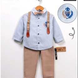 Детски комплект с риза,панталон,тиранти и папионка в синьо и бежово Детски комплект с риза,панталон,тиранти и папионка в синьо и бежово