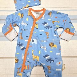 Бебешки гащеризон с шапка в синьо/оранжево с диви животни Бебешки гащеризон с шапка в синьо/оранжево с диви животни