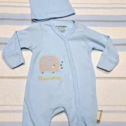 Бебешки памучен гащеризон в синьо с шапка  Слонче