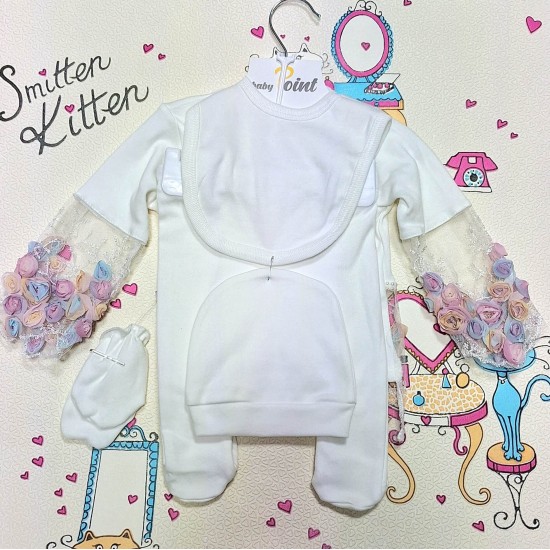 Луксозен бебешки комплект 5части в бяло с дантела 0м-3м ,,Принцеса