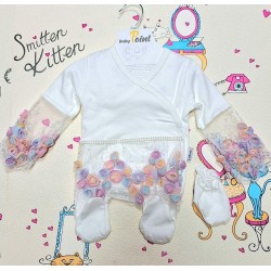 Луксозен бебешки комплект 5части в бяло с дантела 0м-3м Принцеса Луксозен бебешки комплект 5части в бяло с дантела 0м-3м Принцеса