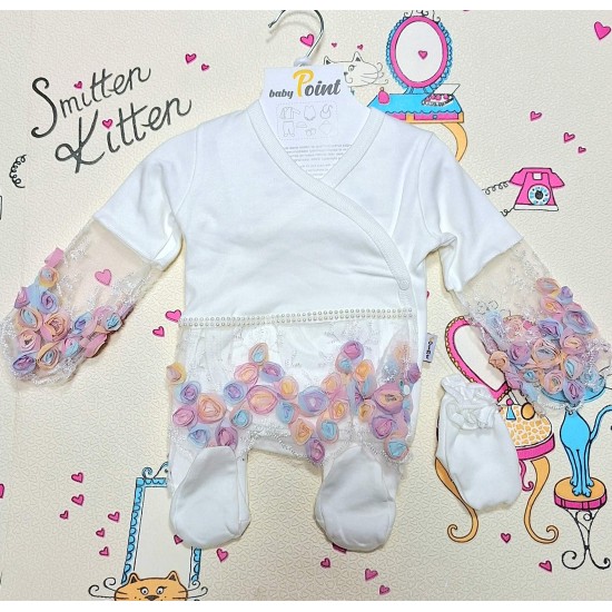 Луксозен бебешки комплект 5части в бяло с дантела 0м-3м ,,Принцеса