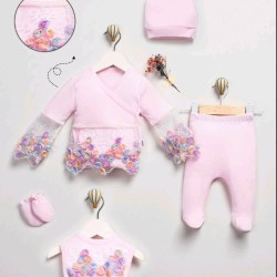 Луксозен бебешки комплект 5части в розово с дантела 0м-3м Принцеса Луксозен бебешки комплект 5части в розово с дантела 0м-3м Принцеса