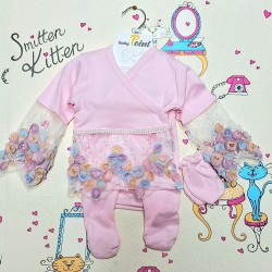 Луксозен бебешки комплект 5части в розово с дантела 0м-3м  Принцеса