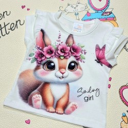 Бебешка лятна тениска в бяло Катеричка с пеперуда Бебешка лятна тениска в бяло Катеричка с пеперуда