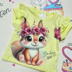 Бебешка лятна тениска в жълто Катеричка с пеперуда Бебешка лятна тениска в жълто Катеричка с пеперуда