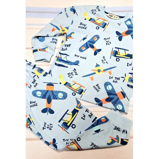 Детска памучна пижама в синьо със самолети
