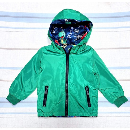 Двулицево детско яке в синьо и зелено с динозаври