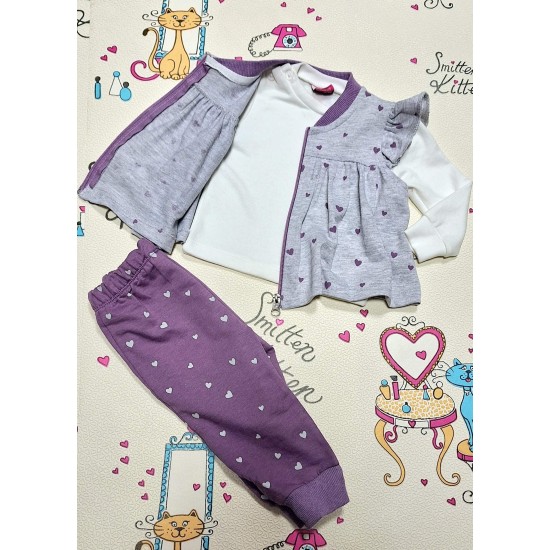 Бебешки комплект с елек в лилаво и сиво на сърца 3части