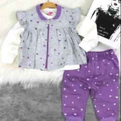 Бебешки комплект с елек в лилаво и сиво на сърца 3части