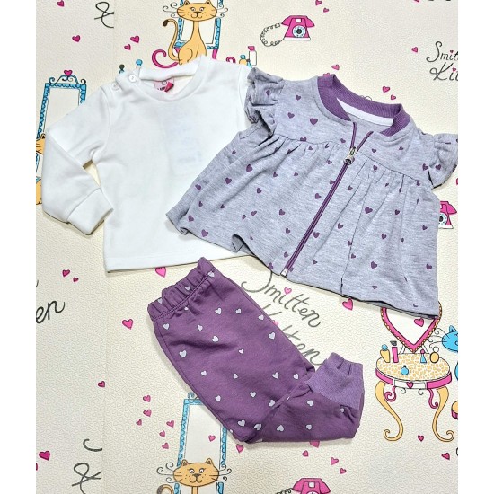 Бебешки комплект с елек в лилаво и сиво на сърца 3части