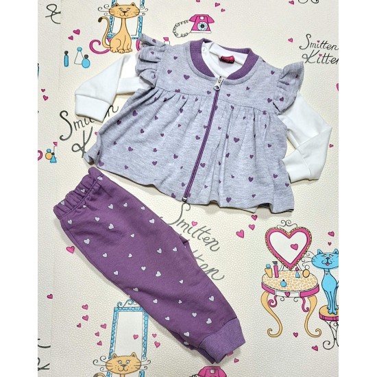 Бебешки комплект с елек в лилаво и сиво на сърца 3части