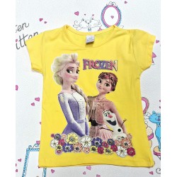 Детска лятна тениска в жълто с Елза,Ана и Олаф
