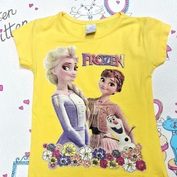 Детска лятна тениска в жълто с Елза,Ана и Олаф