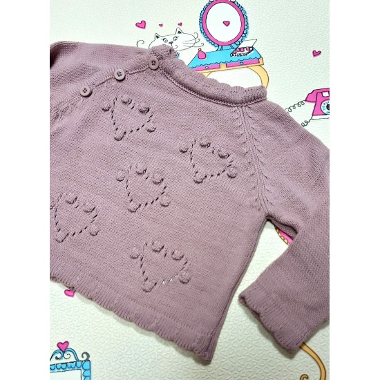 Детски мек пуловер в розова пудра с ажурни сърца